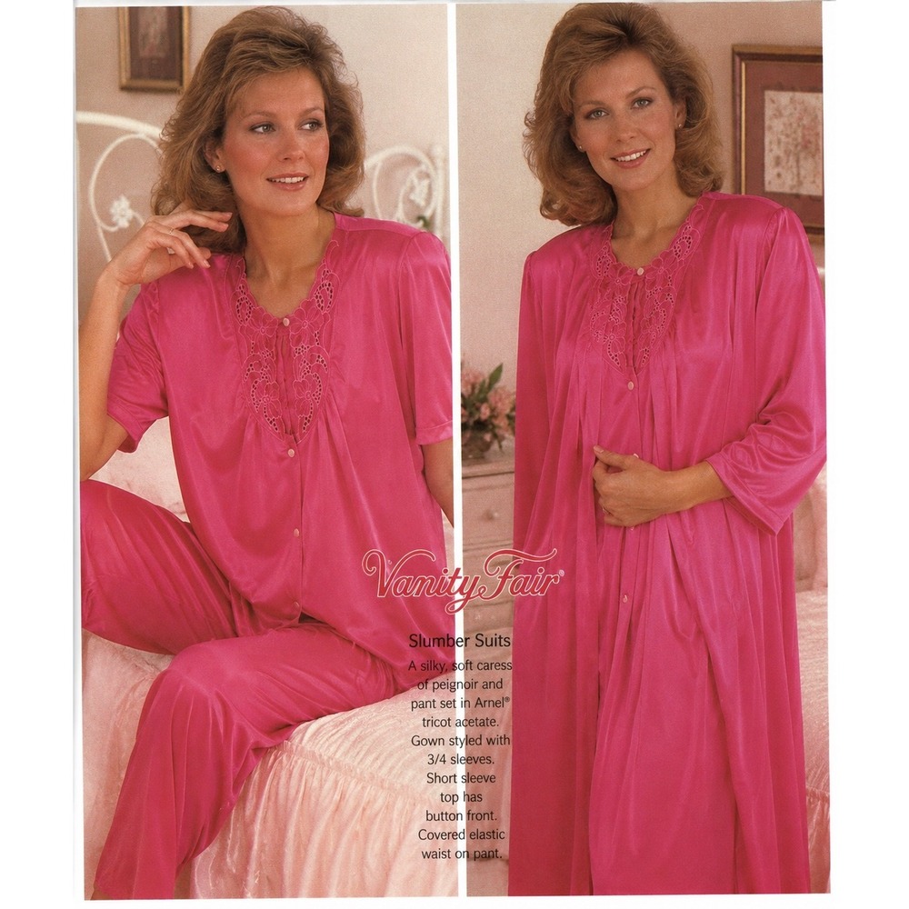 Vanity Fair VTG Nylon Pink 3 Piece Pajama MED Set Robe Top Pants 80's USA